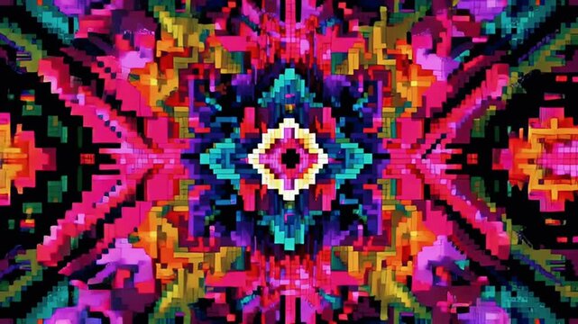 psychedelic 8bit temple tiles, RGB pixel mosaic, infinite glitch scrolling, cyberpunk sacred geometry, pixelated pattern, VHS static, neon pink teal violet gold, retro game texture loop