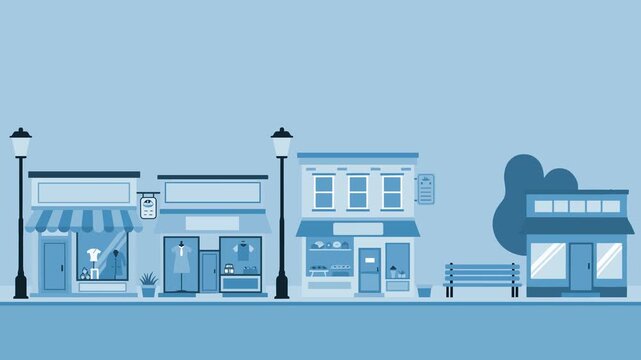 2D animation of a side-scrolling pan along a stylized blue city street with shops, houses, bus stop, and streetlights. The minimal flat design creates a calm, modern look ideal for explainer videos or