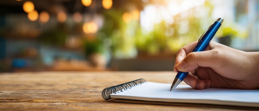 The hand writing on a blank notebook with a blue pen on a wooden desk. - Powered by Adobe