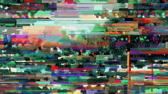 abstract RGB glitch collapse, retro 8bit city disintegrating falling neon pixel mosaics, psychedelic grid RGB distortion, data moshed particles, pixel rain, cyberpunk 90s aesthetic, synthwave colors