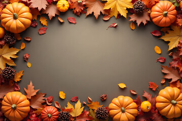 Fall Scene with Pumpkins and Colorful Leaves Arranged As Frame