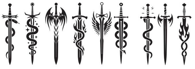 Fantasy sword tattoo set, vector linocut magic blade, dragon wings, fairy tale silhouette collection. Mystic legend snake print, spiritual medieval logotype, witchcraft sign. Sword tattoo black design