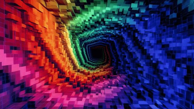 psychedelic pixel tunnel, RGB square tiles in spiral motion, retro 8bit game vortex, rainbow glitch animation, cyberpunk aesthetic, pixel loop texture, colorful visual hallucination 4k video