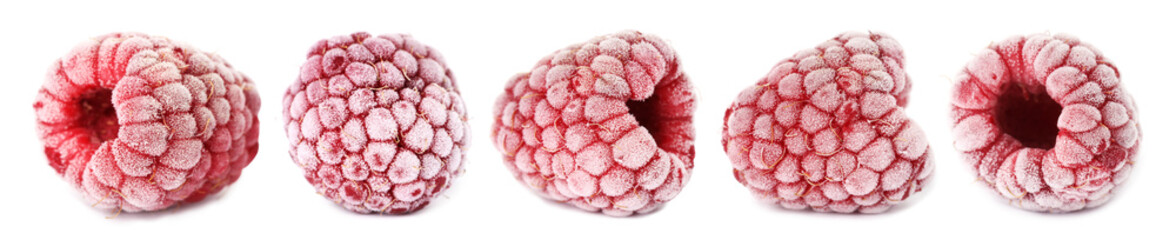 Many frozen raspberries isolated on white, set