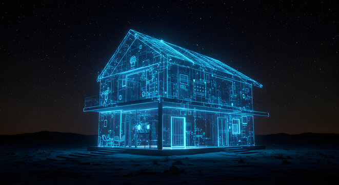 Futuristic Blueprint House Illuminated Against a Starry Night Sky Concept - Powered by Adobe