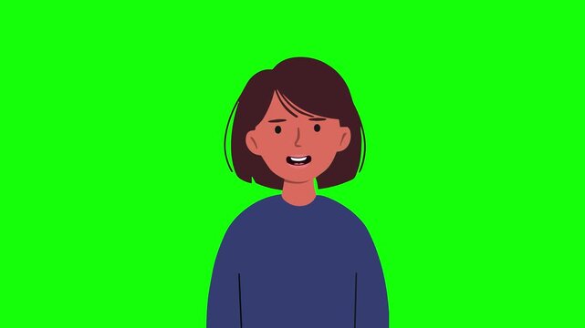 A cartoon woman with dark skin and dark red hair talks on a bright green background, suitable for chroma key use in UI overlays or educational videos.