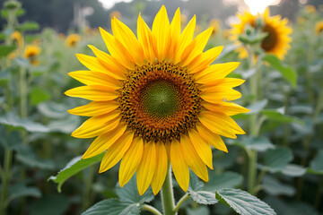 Obraz premium Close-up of a Sunflower Growing in a Field on a Summer Day