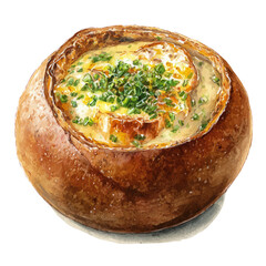 Watercolor vector illustration of Chowder Bread Bowl, isolated on white background.