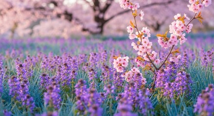 Fototapeta premium Spring Blossom and Lavender Field - Pink cherry blossoms and purple lavender flowers in a picturesque field. Beautiful spring nature scene