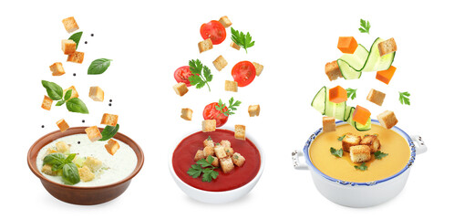 Croutons falling into bowls of soups against white background, set