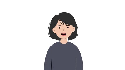 Cartoon woman with black hair and light skin speaks while smiling against a clean white background. The simple 2D animation is suitable for educational videos, UI elements, or explainer content.