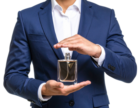 Luxury Fragrance Concept: Handsome Man Displaying Perfume Bottle in Open Palm, Cropped Torso View PNG