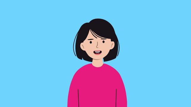 A cartoon woman with black hair in a pink shirt talks on a bright blue background. Ideal for explainer content, chatbot visuals, or educational UI elements.