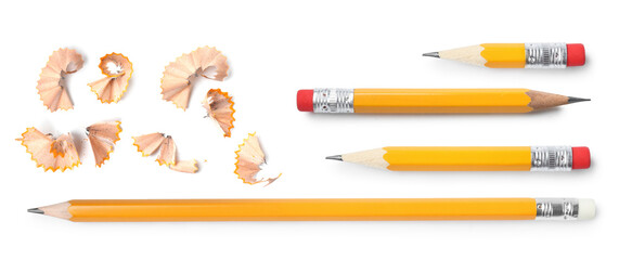 Pencils and shavings on white background, set