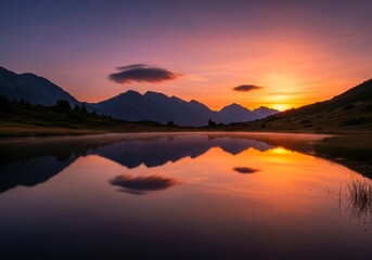 Fototapeta premium Serene Sunset Mountain Lake Reflection - Tranquil mountain lake mirroring a vibrant sunset. Symbolizing peace, nature's beauty, reflection, serenity, and the passage of time