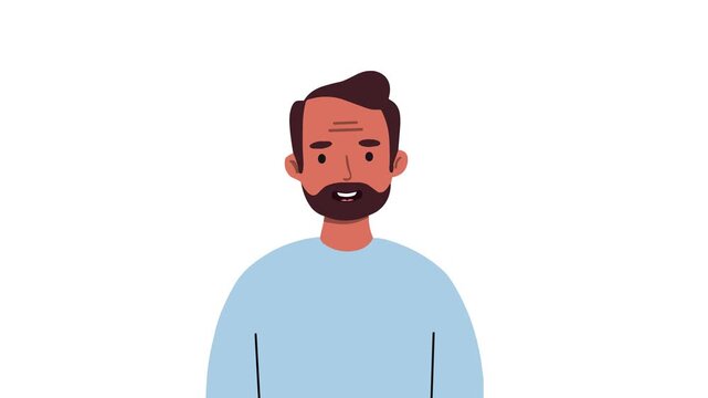 Animated male figure with reddish-toned skin, dark brown hair and beard, side-parted hairstyle, and light blue shirt. White background for easy overlay use. Talking loop for digital products and video