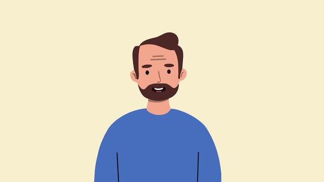 Flat animated man with light skin, brown side-parted hair, and beard, wearing a blue shirt, talking to the camera. Neutral beige background. Ideal for explainer animations, corporate videos, or UI ava