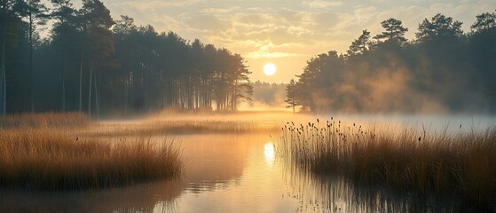 Mist over a quiet lakeside marsh