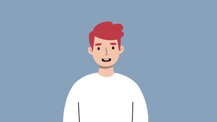 A cartoon man with red hair and a white shirt speaks on a blue-gray background. Great for use in explainer videos, digital avatars, or UI interfaces.