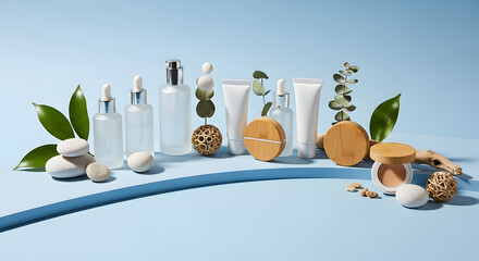 Elegant display of sustainable beauty and skincare products on a serene blue background promoting