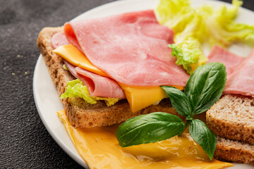 Sandwich ham, cheese, bread toast meat spam fresh delicious gourmet food background on the table rustic food top view copy space
