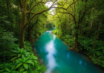 Obraz premium Serene River Winding Through Lush Rainforest - A tranquil turquoise river meanders through a vibrant rainforest, symbolizing peace, nature's beauty, untouched wilderness, serenity, and ecological