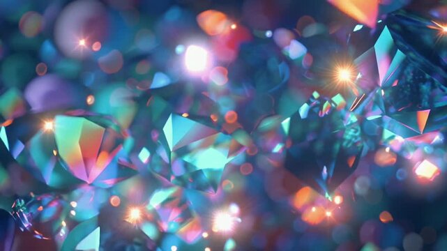A vibrant prismatic bokeh lights liquid jewels, neon tones lime, candy red teal, constantly morphing shapes. Dancing lens flares flash glossy surfaces sparkles. saturated, fast paced, party ready anim
