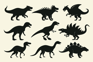 Collection of nine black dinosaur silhouettes on a light background