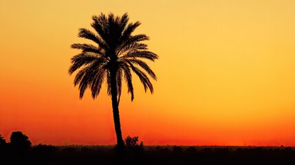Obraz premium A silhouette of a palm tree against an orange sunset sky, creating an atmospheric and romantic scene with warm hues and natural beauty.