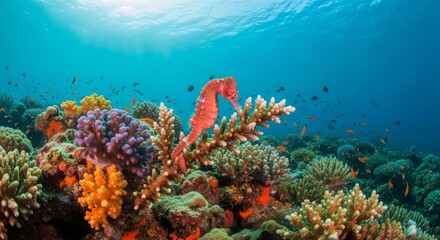 Fototapeta premium Seahorse Among Vibrant Coral Reef - A vibrant coral reef teeming with life, a seahorse gracefully clings to a coral branch, symbolizing tranquility, marine biodiversity, ocean health, underwater