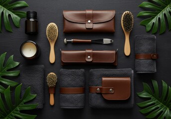 Mens grooming kit with leather accessories and towels
