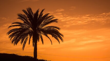 A silhouette of a palm tree against an orange sunset sky, creating an atmospheric and romantic scene with warm hues and natural beauty.