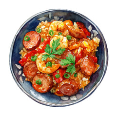 Jambalaya in watercolor style, vector illustration, isolated on white background.