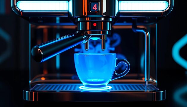 Sleek chrome coffee machine, holographic blue coffee cup, futuristic interface,  advanced,  beverage