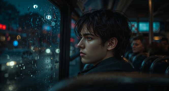 A young man looking out a rainy window on a bus at night with city lights blurred in the background - Powered by Adobe