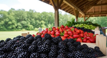 Fresh blackberries strawberries and green grapes displayed in wooden crates at an outdoor market fruit