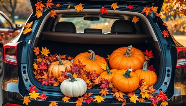 Vibrant autumn leaves & pumpkins decorating a car trunk for a fall trunk-or-treat event,  seasonal,  printable