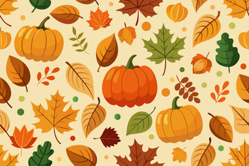 Seamless Pattern of Maple Leaves Pumpkins and Acorns vector illustration