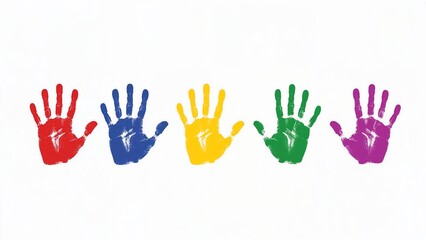 Obraz premium Five colorful handprints arranged horizontally against a clean, white background, representing diversity.