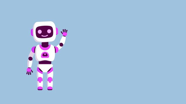 A cute, modern humanoid robot with a white body and purple accents. It is partially visible from the left side of the frame, waving its mechanical hand with a digital smile on its face. Set against a 