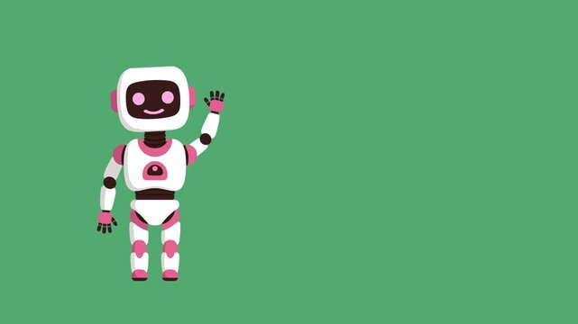 Flat 2D animation of a white and pink service robot waving its hand on a green background. The seamless vector style is great for technology explainer videos, robotics education, and innovative produc