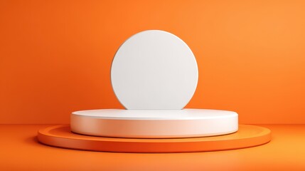 White product display stand on orange background.