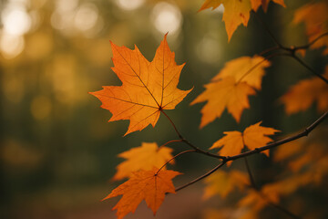 Single orange maple leaf hangs on branch in autumn forest with soft light and blurred background.