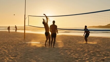 Beach Volleyball Action: Sunset Game, Spiking, and Teamwork