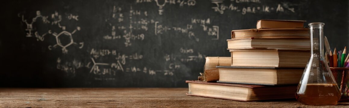 Books and laboratory equipment displayed on a desk in a research environment with scientific equations in the background