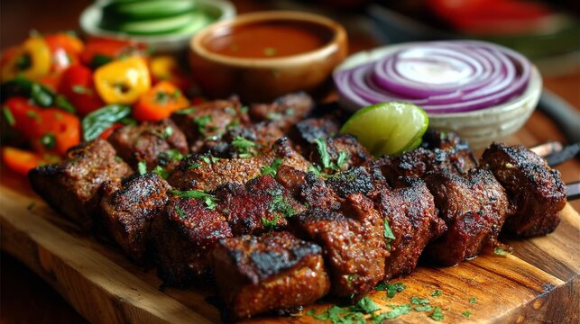 Delicious suya spicy grilled meat with fresh vegetables and lime garnish.