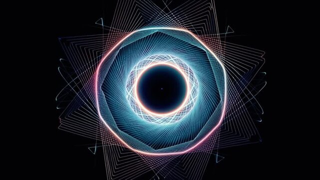 Sacred geometry shapes light streaks black space, glowing rainbow wireframe halos, slow morphing patterns, ancient meets futuristic color gradients lens scratches chromatic minimal abstract symmetry