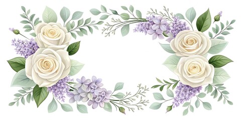 Sympathy Watercolor Floral Set with Ivory Roses, Lilac Flowers, and Silvery Leaves Featuring Bouquets, Borders, Corners, and Elements 