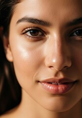 Radiant Beauty Close Up - Close-up of a woman's face, showcasing healthy, glowing skin and subtle makeup