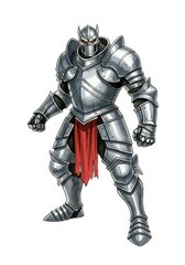 Fototapeta premium Powerful Fantasy Knight in Full Plate Armor - A mighty warrior, clad in gleaming silver plate armor, stands defiant. Symbols of strength, protection, courage, might, and justice are embodied in this